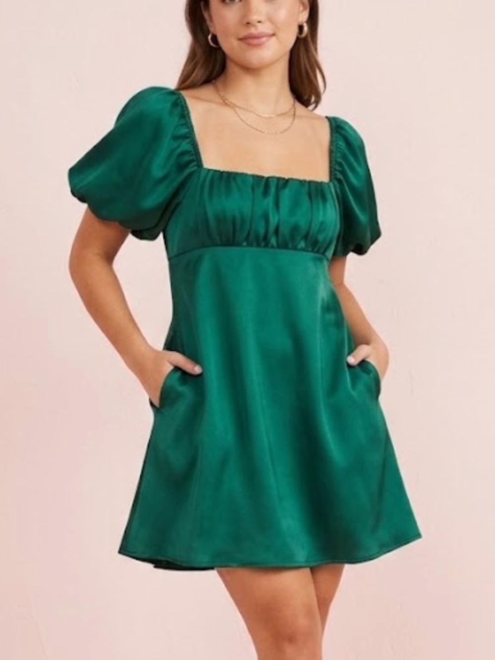 NWOT! Emerald Green Altar'd State Medium Women's Satin Puff Sleeve Mini Dress M